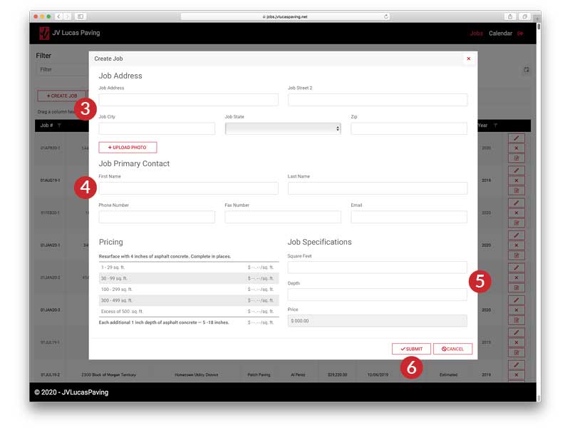 Image of JV Lucas Paving Client Portal Create a Job Screen
