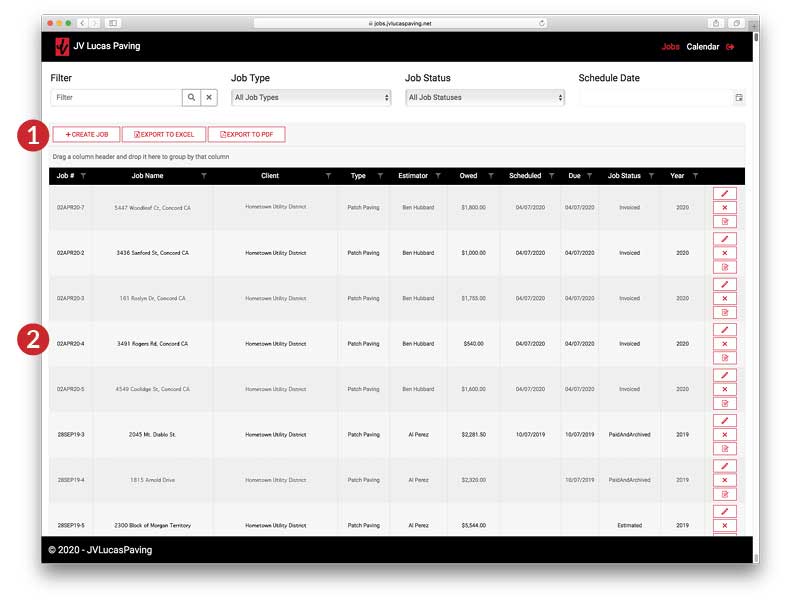 Image of JV Lucas Paving Client Portal Project Grid Screen